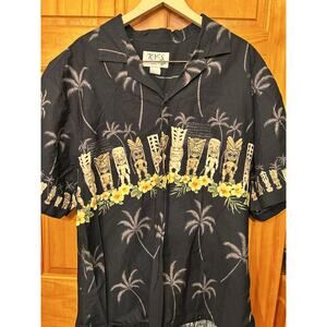 VTG KY’s Hawaiian Shirt Men’s 3XL Black Tiki Rooster Floral Short Sleeve